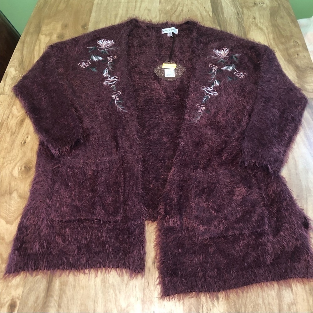 3/$25 NWT Knox Rose Wine Purple Embroidered Open Fuzzy Cardigan Sweater Size XL